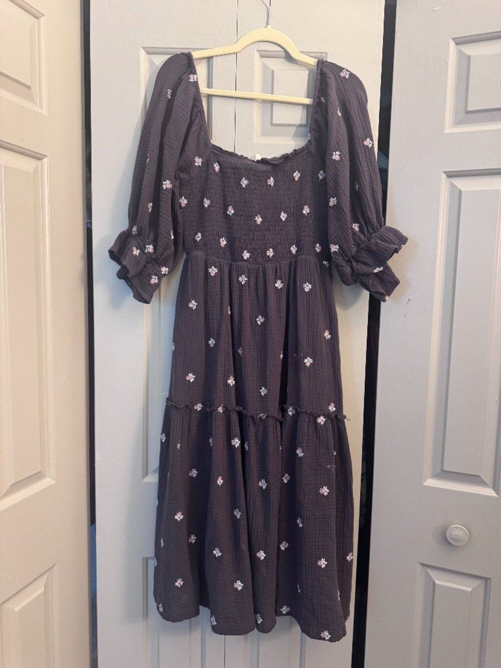 Listicle Dark Purple Embroidered Gauze Midi Dress
